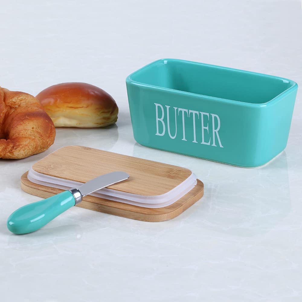 Ceramic Butter Container With Knife & Bamboo Wood lid - Large Size