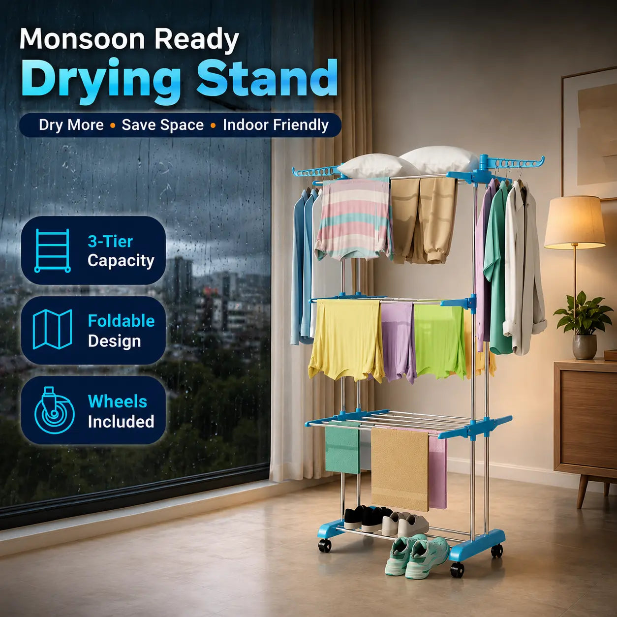 Estorebird's 3-Tier Foldable Cloth Drying Stand | Stainless Steel Rods | 50kg | Balcony & Indoor Use