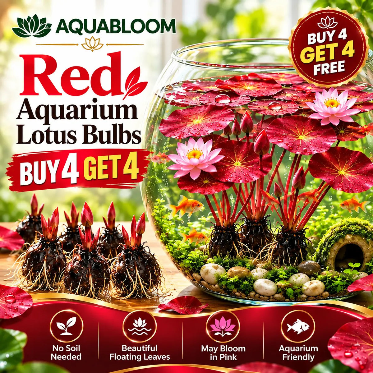 🐟 RED AQUARIUM LOTUS ROOTS BULBS🌿(Buy 4 Get 4 Free Bulbs)