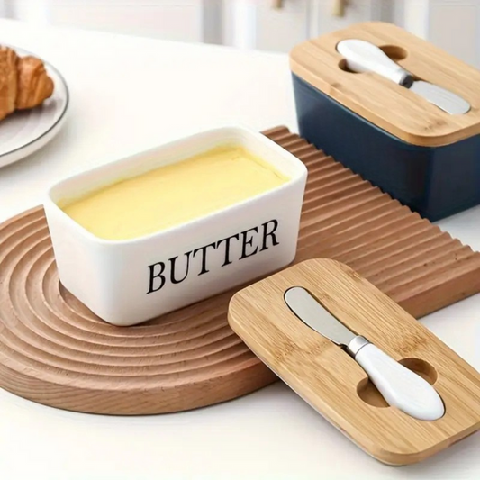 Ceramic Butter Container With Knife & Bamboo Wood lid - Large Size